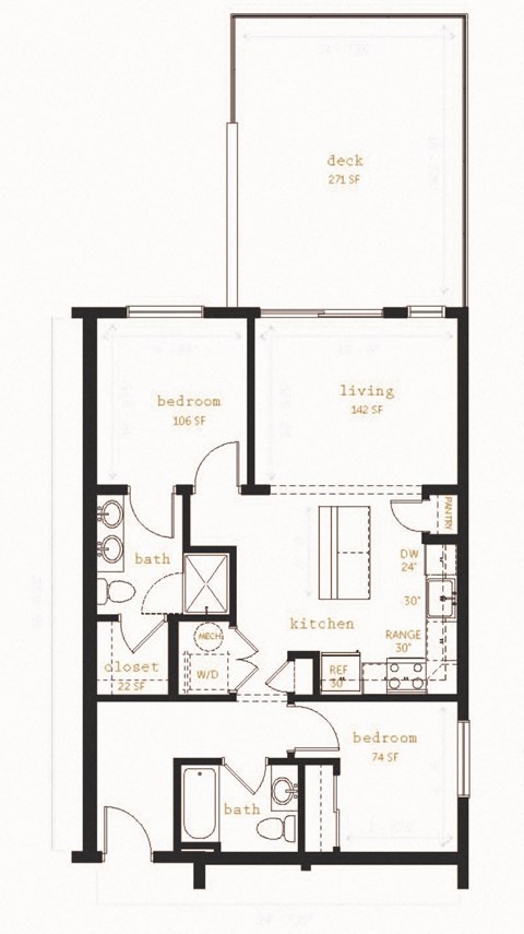 Floor plan for 2 beds, 2 baths, 867 sqft